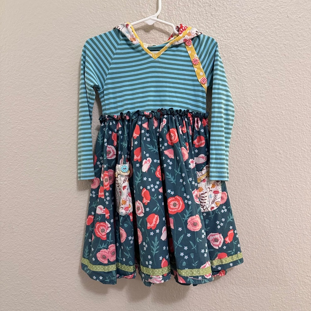 Matilda Jane Girls Long Sleeve Hooded Dress Mixed Print Floral Striped Size 4